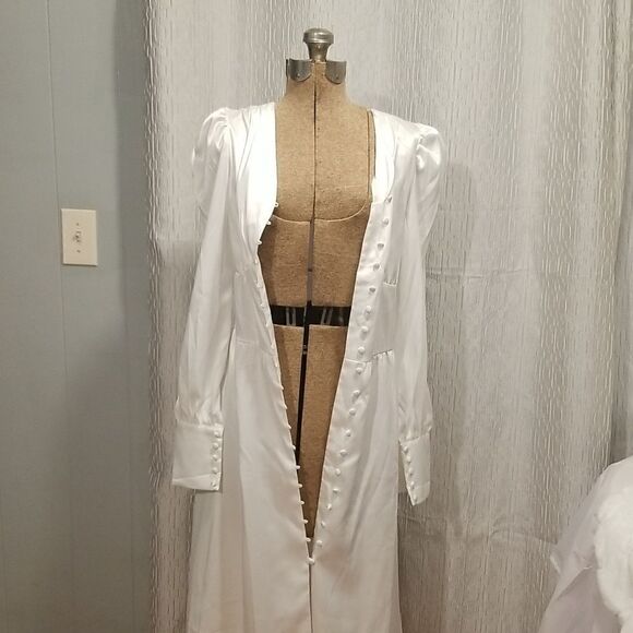 Spring Women White Dress V-neck Lantern Sleeve Dress Slim Solid Dress Mid-nwot - Picture 14 of 15